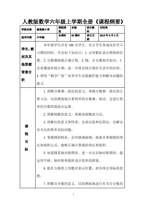 六年级数学全册及单元课程纲要