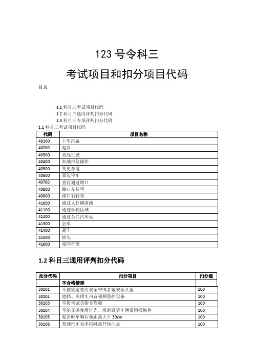 123号令科三考试项目和扣分项目代码