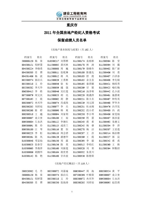 重庆2011年全国房地产经纪人资格考试保留成绩人员名单