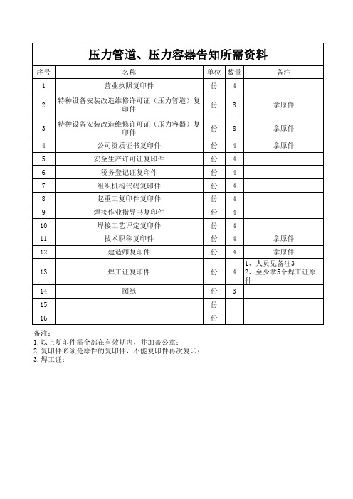 压力管道容器告知所需资料