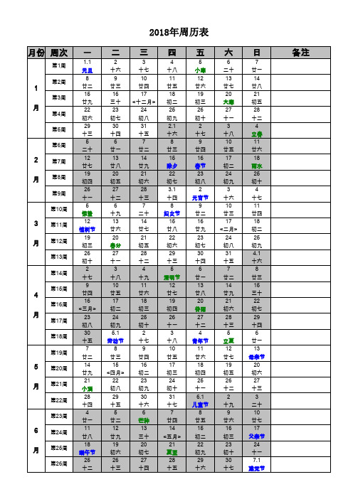 2018年周历表