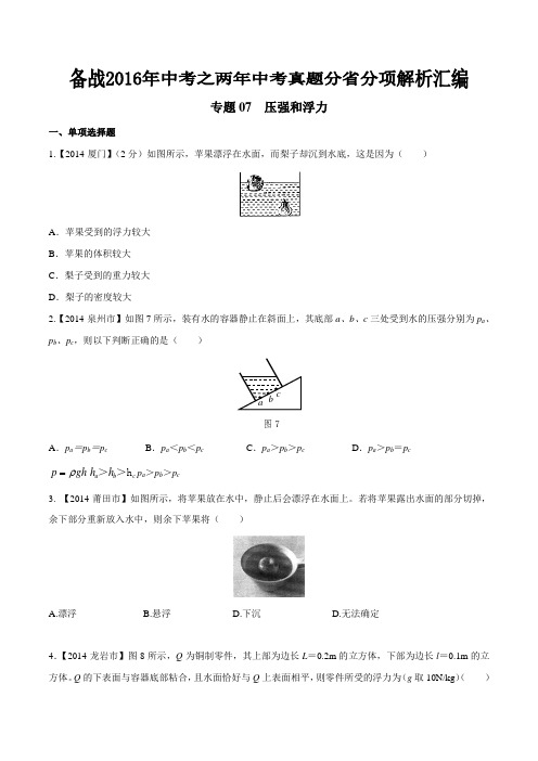 专题07 压强和浮力(福建 广东版)-备战2016年中考之两年中考物理真题分省分项汇编(原卷版)