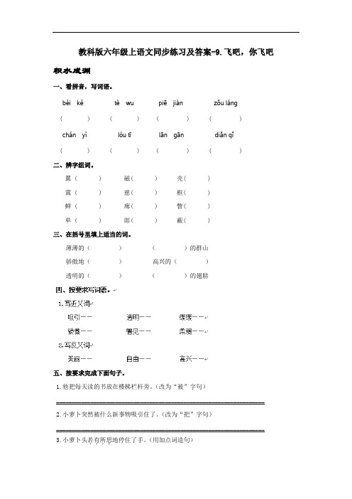 【精品】教科版六年级上语文同步练习及答案-9.飞吧,你飞吧