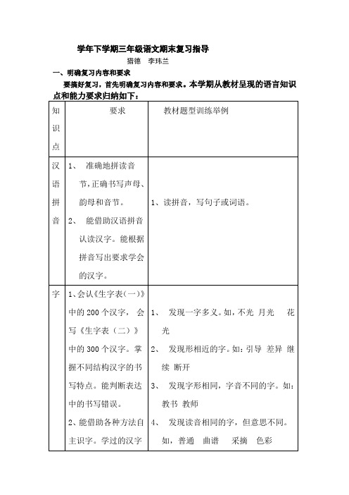 2019学年下学期三年级语文期末复习指导