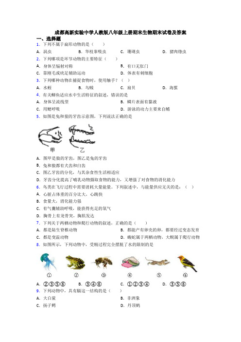 成都高新实验中学人教版八年级上册期末生物期末试卷及答案