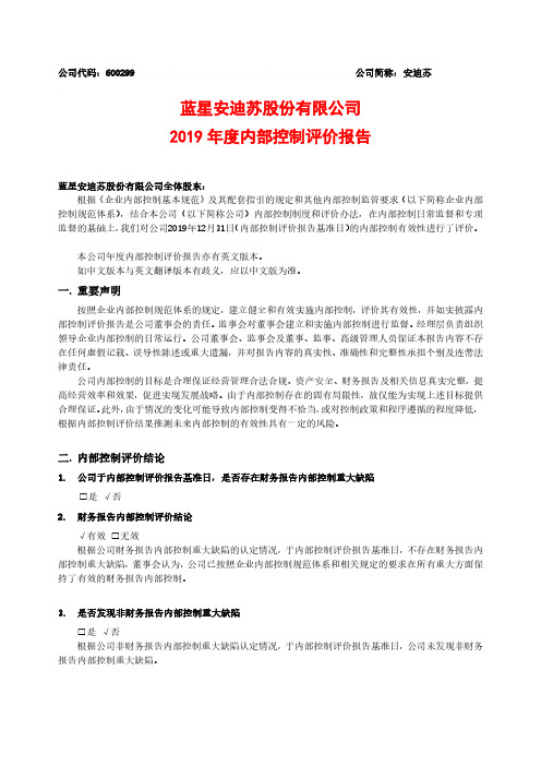 安迪苏：2019年度内部控制评价报告