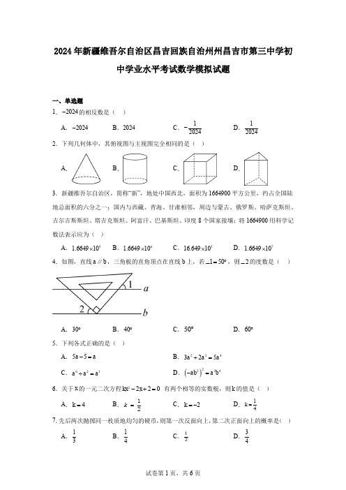 2024年新疆维吾尔自治区昌吉回族自治州州昌吉市第三中学初中学业水平考试数学模拟试题