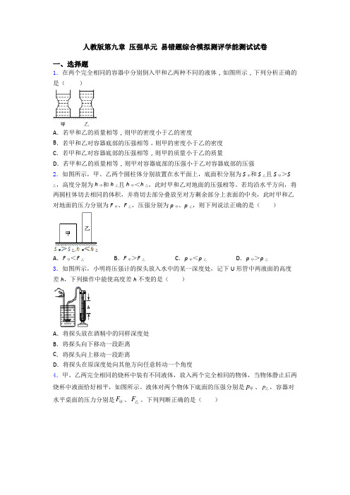 人教版第九章 压强单元 易错题综合模拟测评学能测试试卷