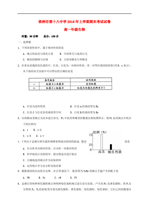 湖南省株洲市第十八中学高一生物下学期期末考试试题(