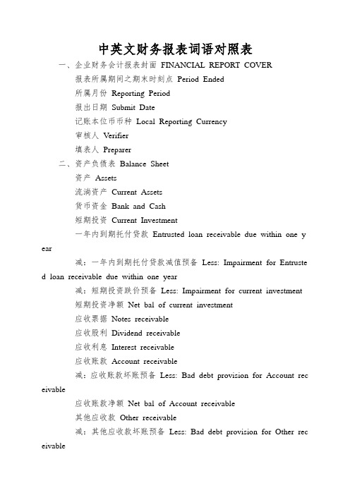 中英文财务报表词语对照表