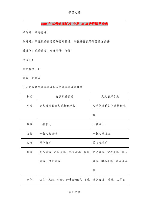 2021年高考地理复习 专题12 旅游资源易错点