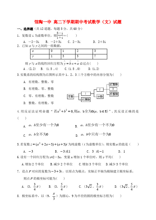 河北省馆陶一中高二数学下学期期中试题文新人教A版