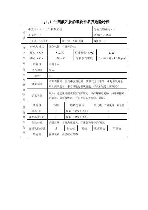 7危险化学品1,1,1,2-四氟乙烷的理化性质及危险特性表MSDS