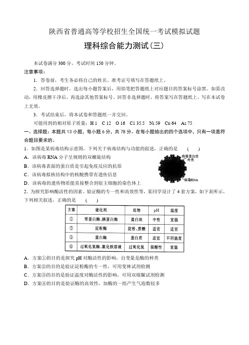 陕西省2018届全国普通高等学校招生考试三理综模拟试题含答案