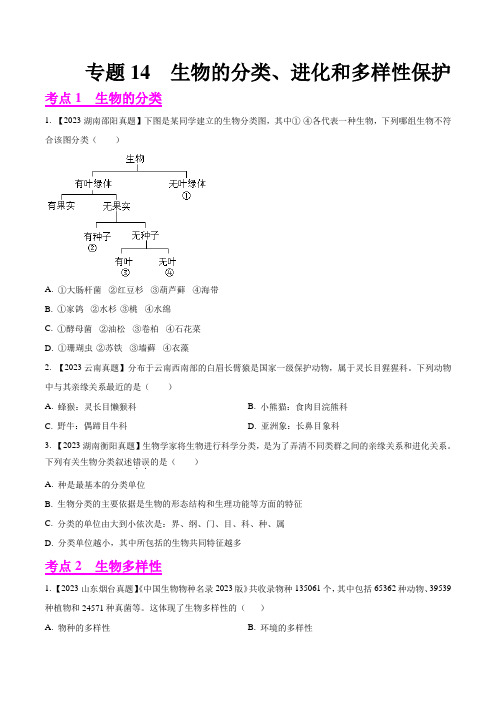 2023年全国生物中考试题汇编专题14  生物的分类、进化和多样性保护(解析版)(原卷版+解析版)