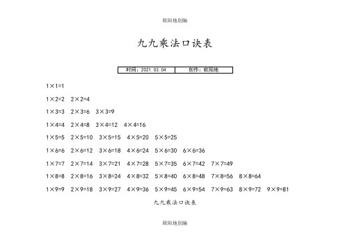 小学生九九乘法口诀表(打印版)之欧阳地创编