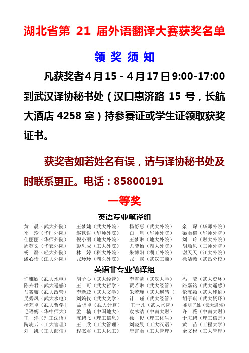 湖北省第21届外语翻译大赛获奖名单