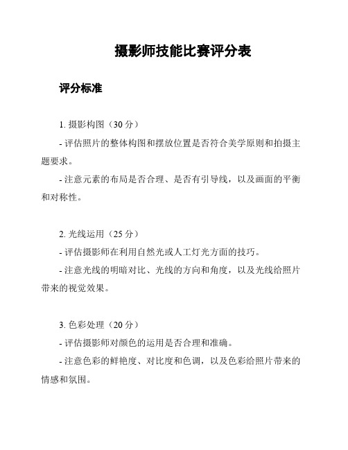 摄影师技能比赛评分表