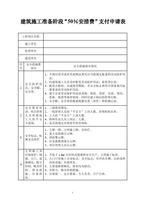 建筑施工准备阶段“50%安措费”支付申请表