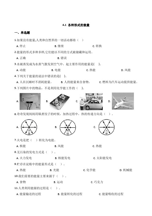 教科版小学科学六年级上册4-1 各种形式的能量(同步练习试题)