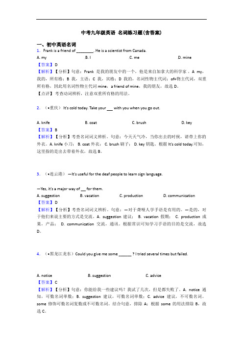 中考九年级英语 名词练习题(含答案)