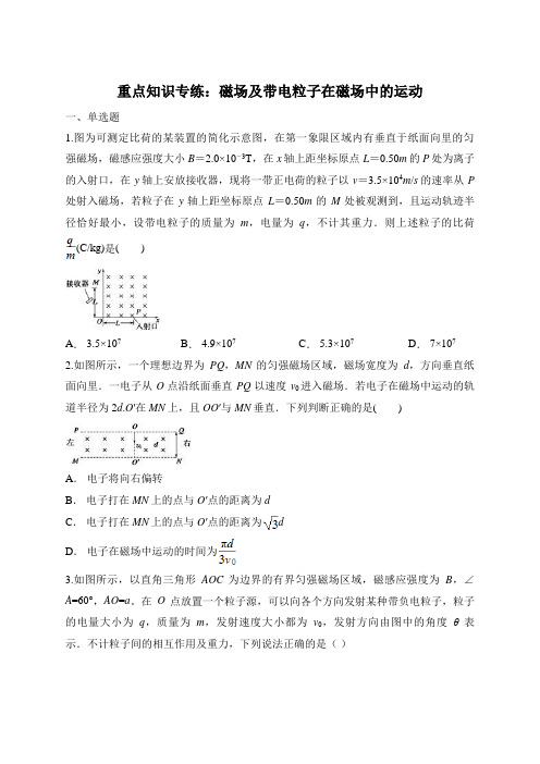 2020年高考物理二轮复习重点知识专练附解答：磁场及带电粒子在磁场中的运动