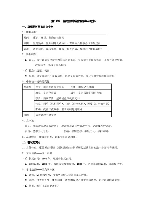 第14课《清朝前中期的鼎盛与危机》知识点总结