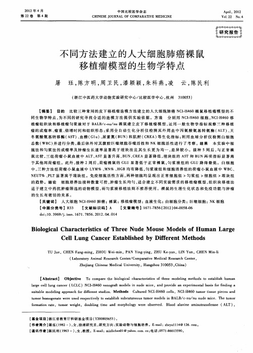 不同方法建立的人大细胞肺癌裸鼠移植瘤模型的生物学特点