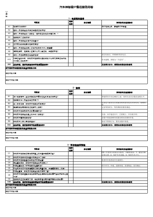 汽车售后神秘客户问卷excel模版 