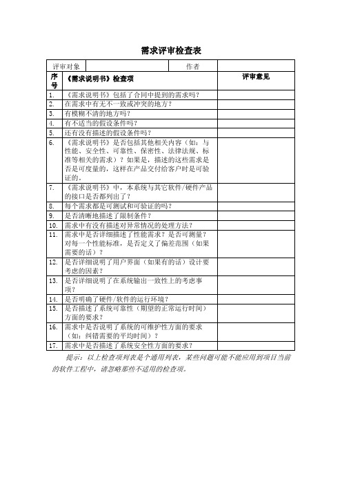 需求评审检查表