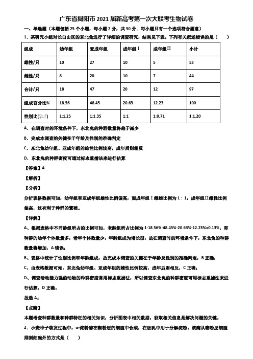 广东省揭阳市2021届新高考第一次大联考生物试卷含解析