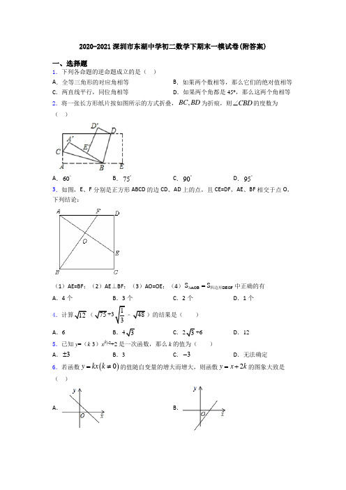 2020-2021深圳市东湖中学初二数学下期末一模试卷(附答案)