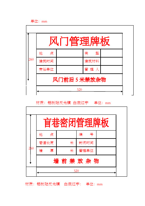 煤矿各类管理牌板制作尺寸标准