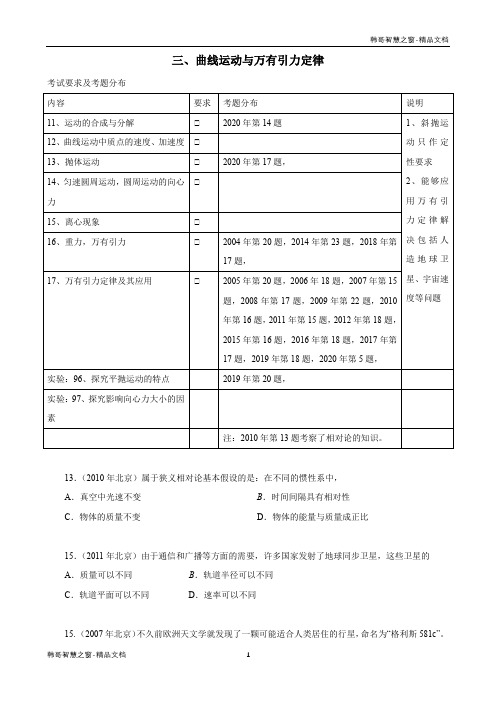 2004-2020北京高考物理试题分类汇编 曲线运动与万有引力定律(原卷版)