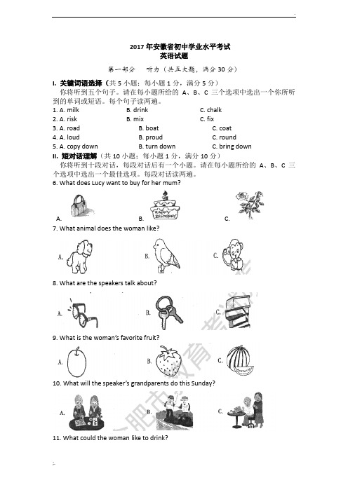 2017年安徽中考英语试卷及答案word版