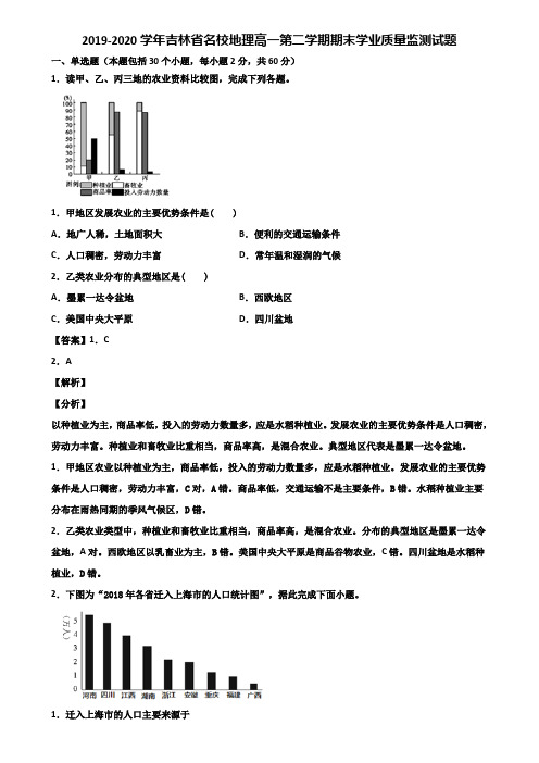 2019-2020学年吉林省名校地理高一第二学期期末学业质量监测试题含解析