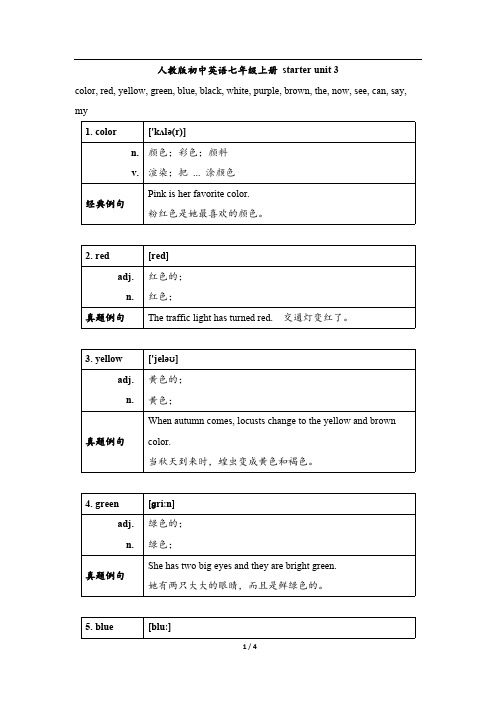 人教版英语 七年级上 中考考纲词汇详解 Starter_Unit3_What_color_is_it