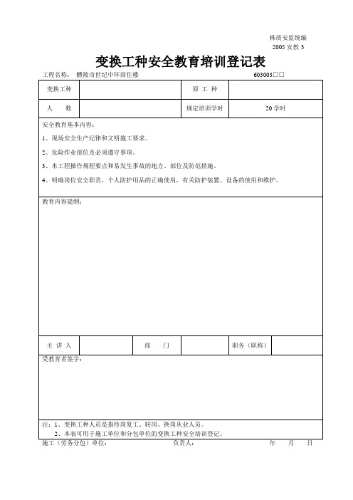 变换工种安全教育培训登记表