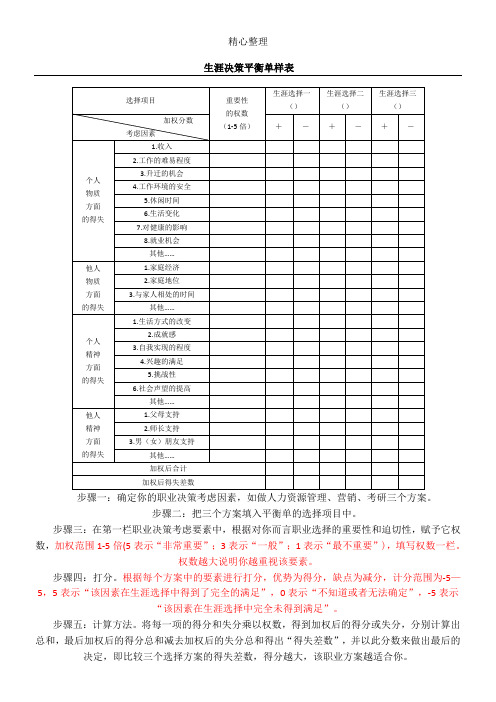 生涯决策平衡单样表格模板