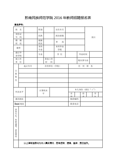 XX学院2016年教师招聘报名表【模板】