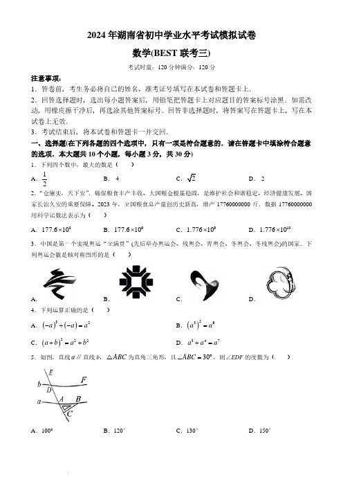 2024年湖南省初中学业水平考试BEST联考中考三模数学试题