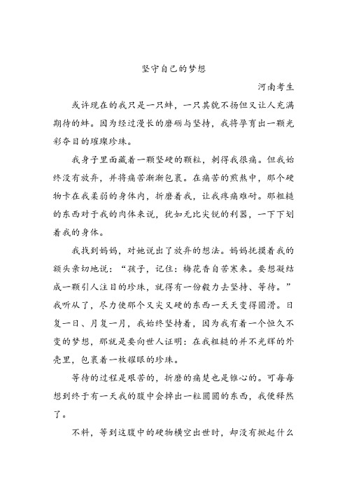 中考语文满分作文之坚守自己的梦想含专家点评