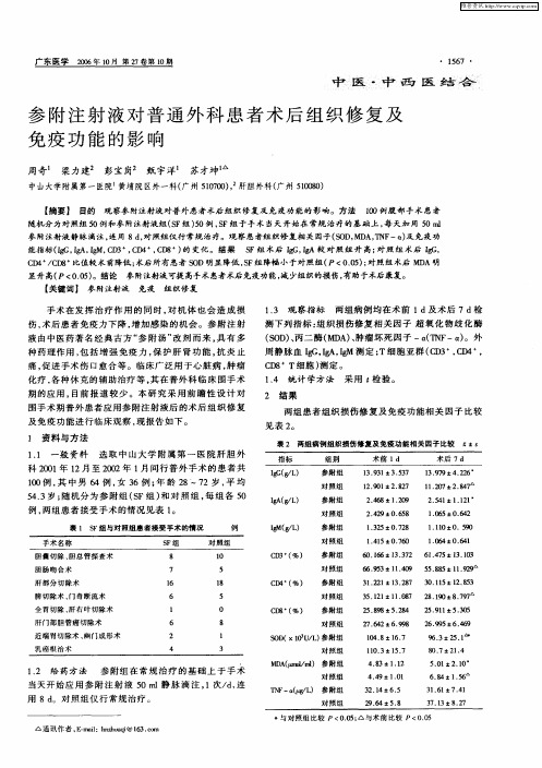 参附注射液对普通外科患者术后组织修复及免疫功能的影响