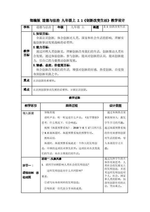 创新改变生活 初中九年级道德与法治教案教学设计课后反思 人教版