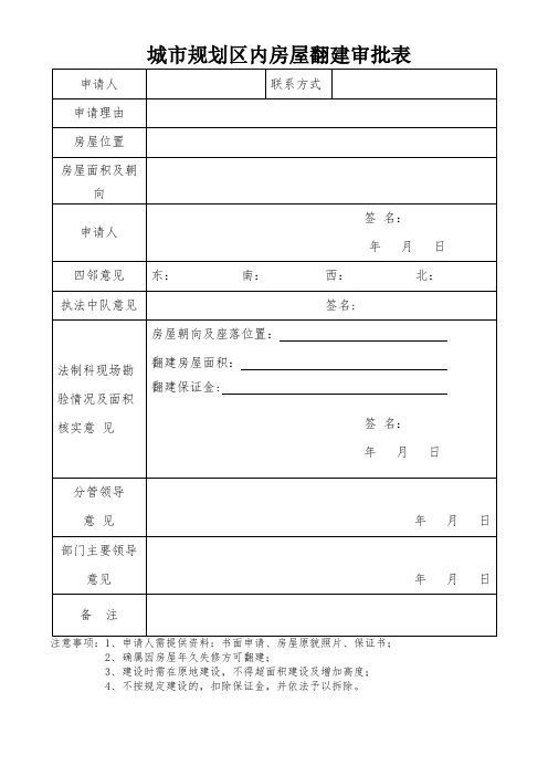 城市规划区内房屋翻建审批表