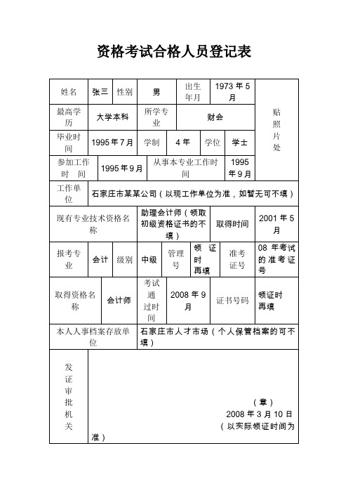 资格考试合格人员登记表