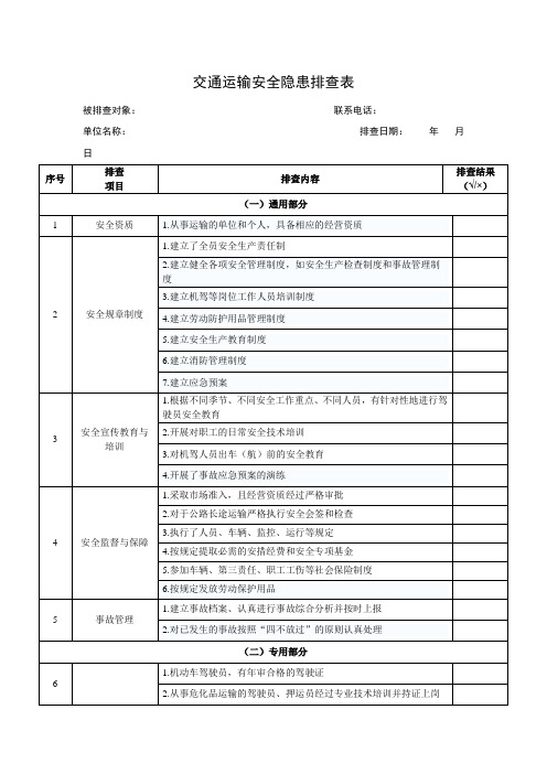 交通运输安全隐患排查表