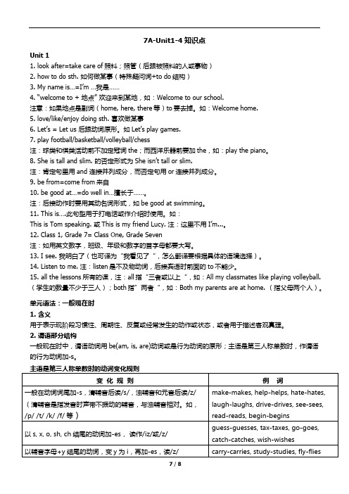 牛津译林版7A英语七年级上学期Unit1-4知识点汇总