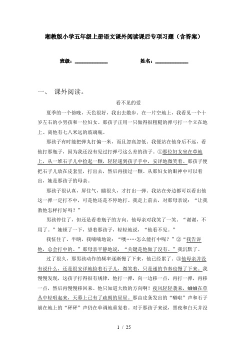 湘教版小学五年级上册语文课外阅读课后专项习题(含答案)