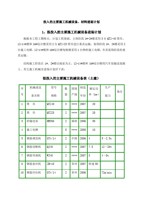 投入的主要施工机械设备、材料进场计划